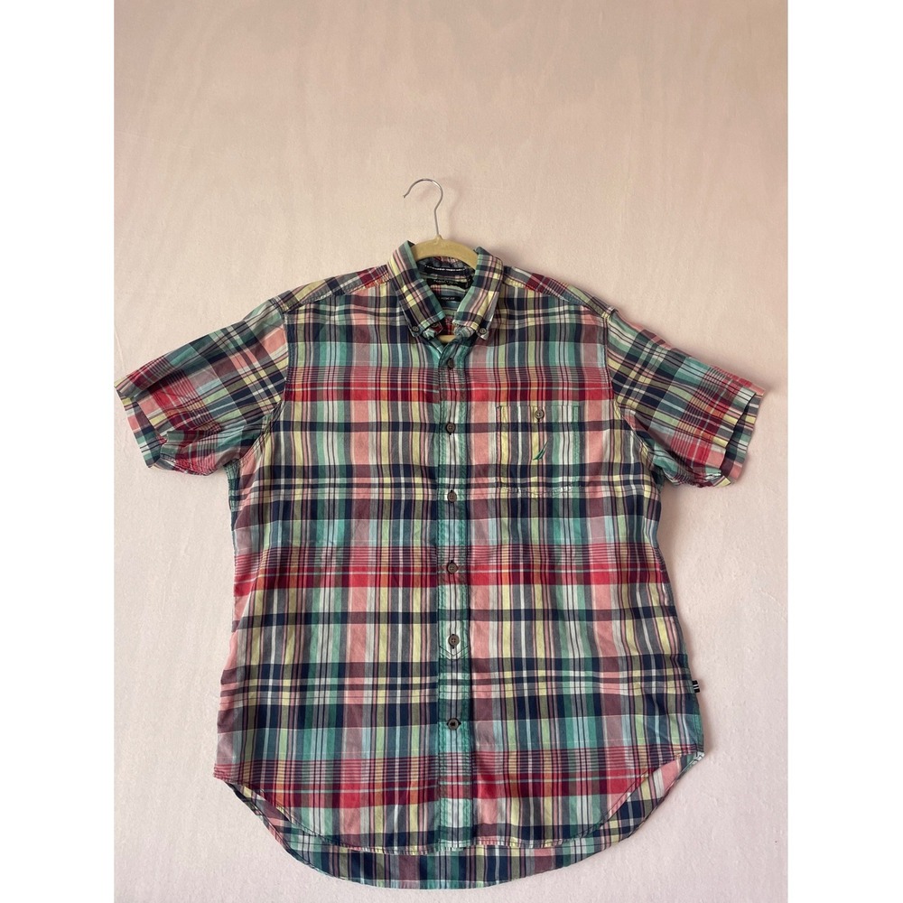 Nautica Mens Short Sleeve Button Down Plaid Shirt‎ Multi Color Cotton Sz M